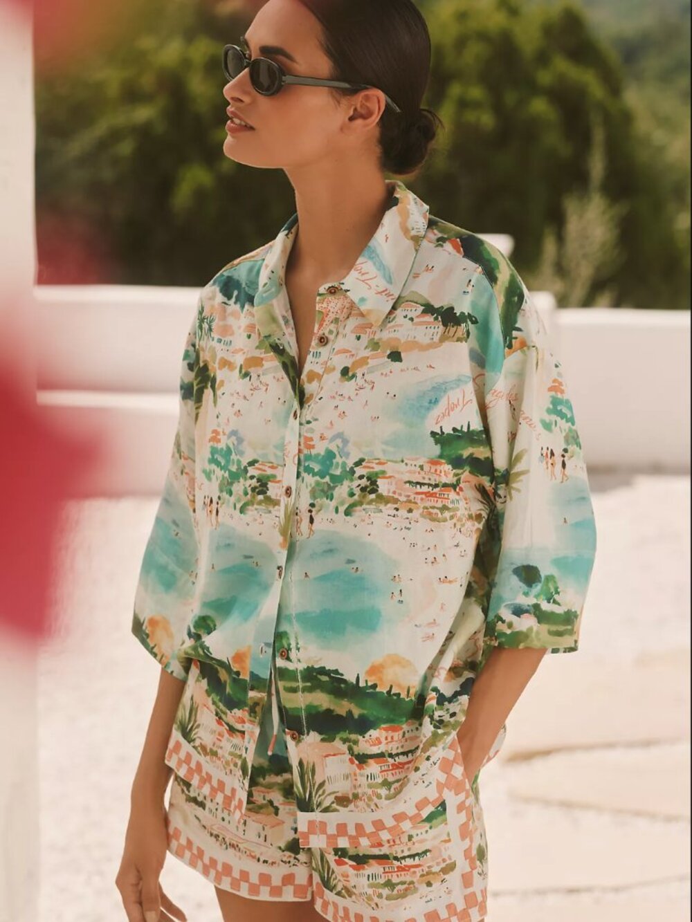 Anthropologie Celandine Linen Blend Printed Buttondown Shirt Saint Tropez SZ S